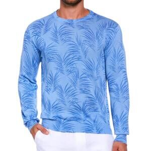 CUBAVERA Mens L Baby Blue Palm Print Jacguard Crew Neck Sweater - Cotton Blend